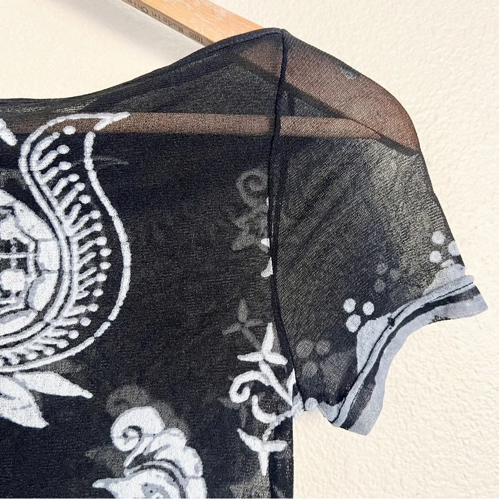 Vintage VIVIENNE TAM S/S 1998 Peacock Batik Print Mesh Top + Skirt SET in Black